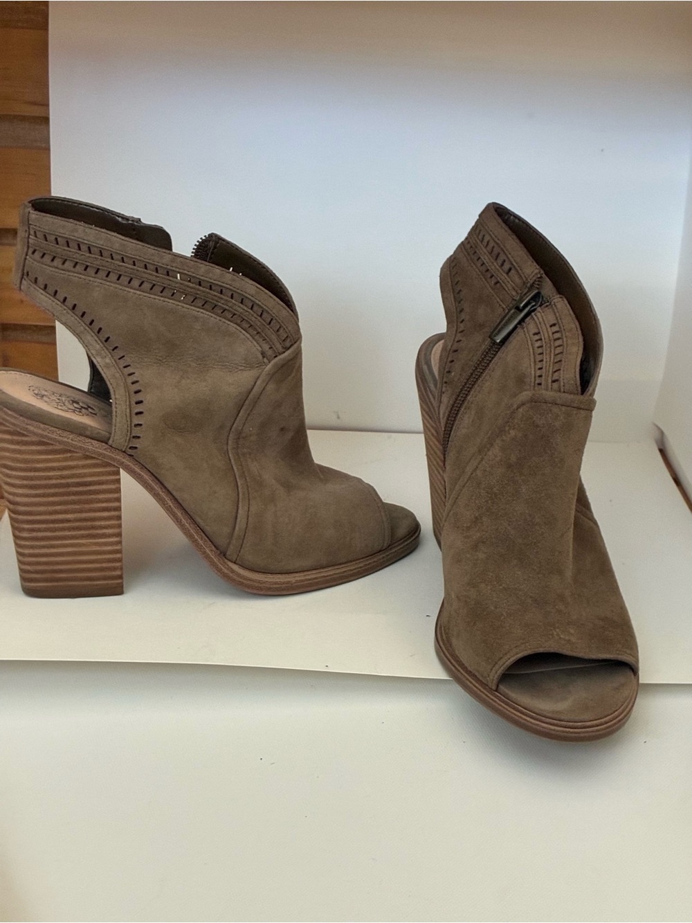 Vince Camuto Koral Taupe Suede Open Toe Heeled Booties